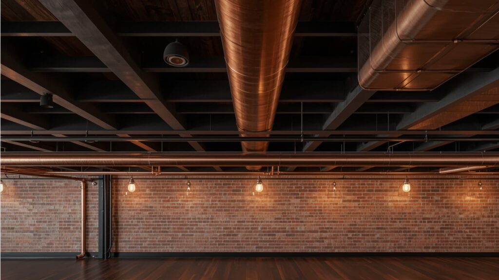 Basement ceiling with exposed pipes and ducts painted in metallic tones, paired with black beams and warm hanging lights against a brick wall backdrop.