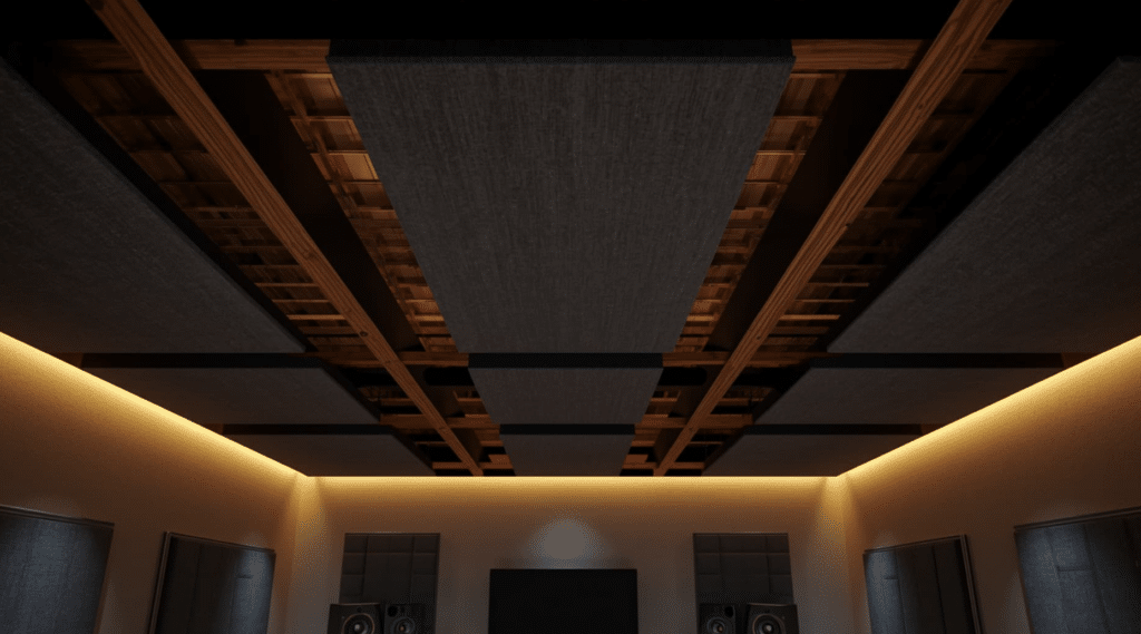 Basement ceiling with suspended acoustic panels between exposed beams, featuring soft ambient lighting and a home theater setup designed for improved sound quality