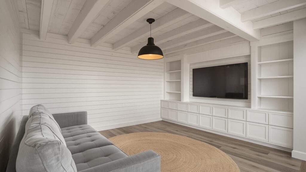 Basement living room with white shiplap ceiling and exposed beams, featuring built-in shelving, a wall-mounted TV, and a cozy seating area with a modern farmhouse style.