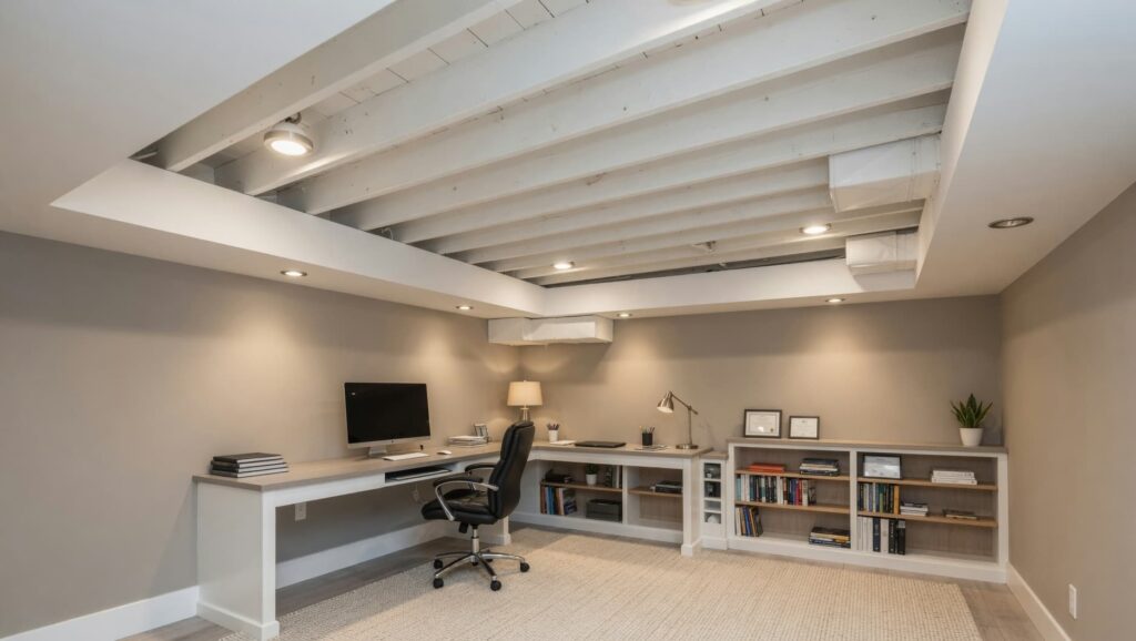 Basement office with a soffit ceiling design that conceals ducts and wiring, featuring recessed lighting, a long desk, built-in shelves, and a clean, neutral color palette
