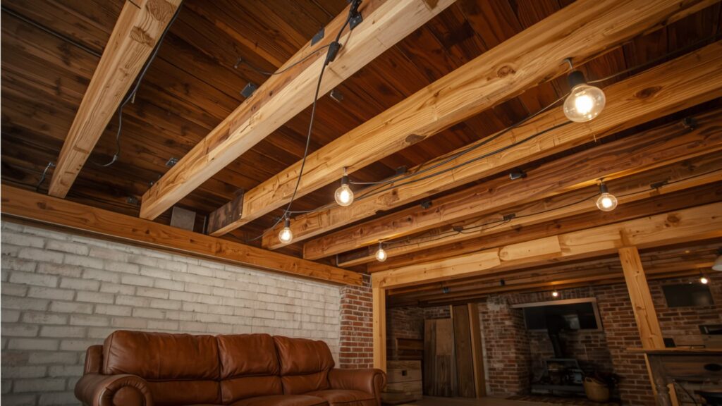 Basement with exposed natural-wood ceiling beams, warm string lights, brick and block walls, and a brown leather sofa, creating a cozy, rustic atmosphere