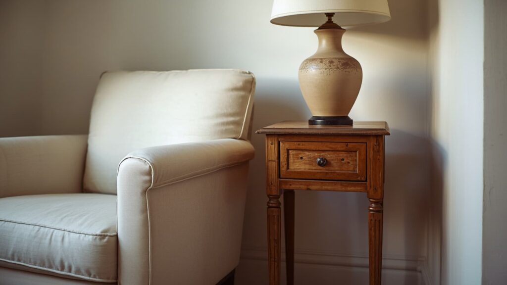 Beige armchair beside a wooden side table with a ceramic lamp, creating a warm farmhouse living room corner