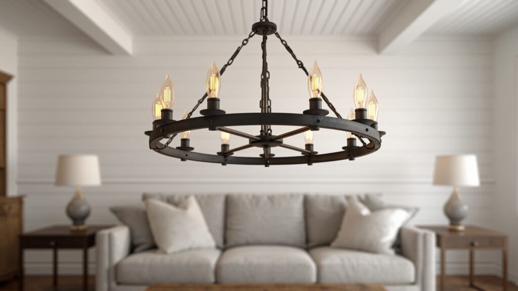 Black metal farmhouse chandelier with candle-style bulbs hanging above a neutral sofa in a bright living room