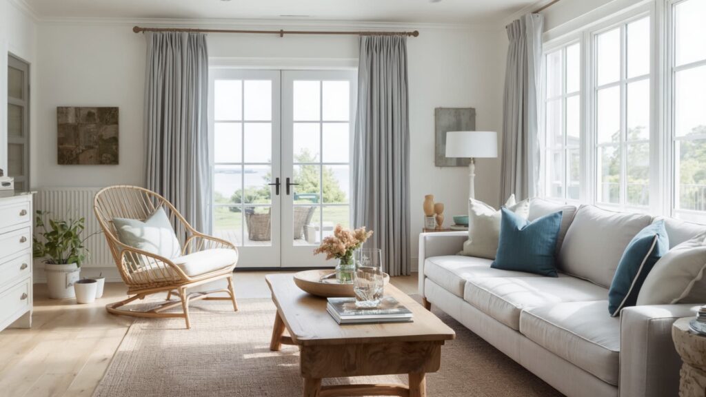 Bright farmhouse living room with white sofa, blue accent pillows, wooden coffee table, and large windows letting in natural light