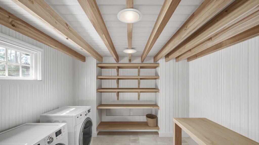 Bright laundry room with white beadboard paneling, exposed wooden ceiling beams, built-in wooden shelving, and a washer and dryer beneath a window