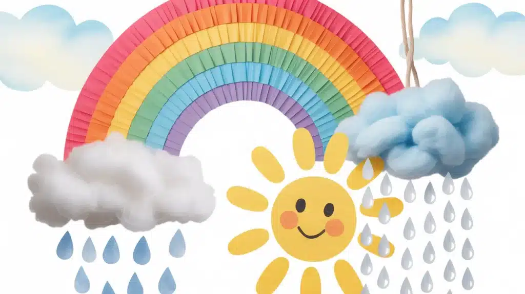 Bright rainbow paper craft with fluffy cotton clouds, a smiling sun, and falling raindrops, showing a playful weather-themed kids’ art scene