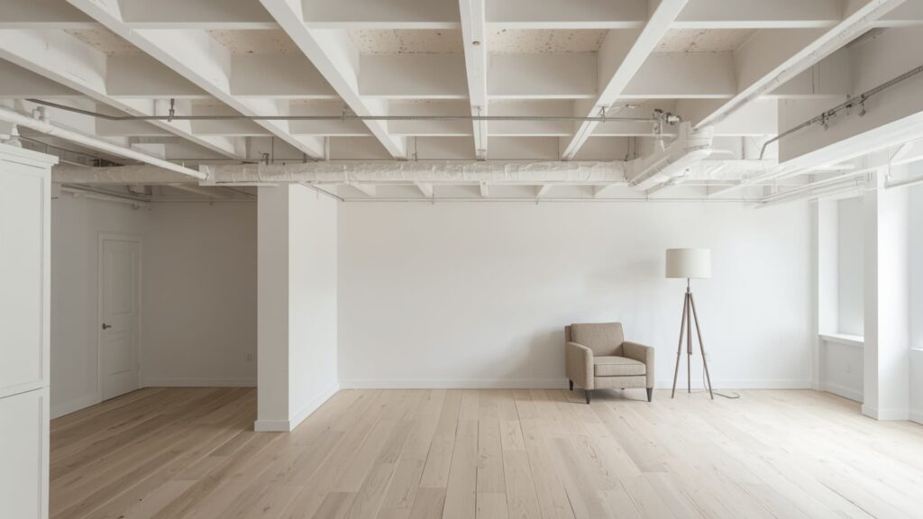 Bright white basement with exposed ceiling beams and pipes, light wood flooring, a single armchair, and a floor lamp creating a clean, minimalist space.