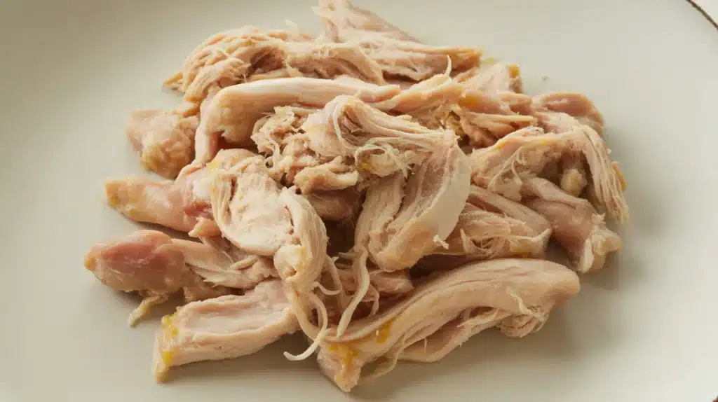 Chicken pieces shredded into soft strips on a plate, suitable for baby-led weaning or easy eating