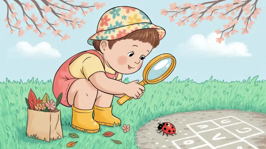 Child exploring outdoors with a magnifying glass, observing a ladybug near a hopscotch drawing, with flowers and a bag of collected leaves nearby.