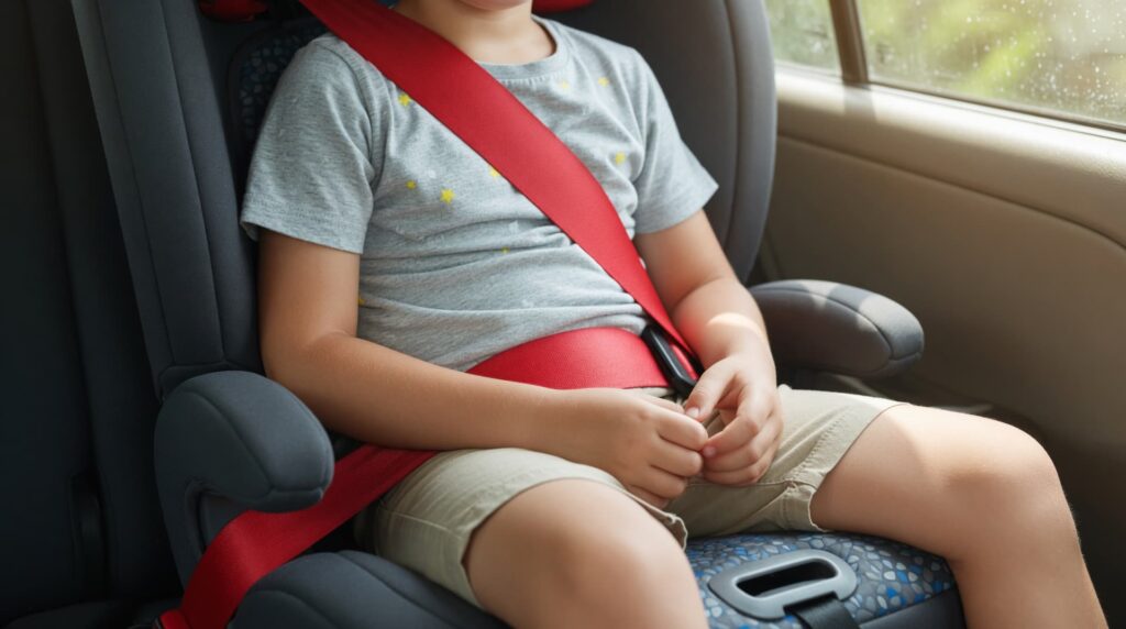 Child sitting in a booster seat in a car, secured with a properly positioned red seatbelt across the chest and lap