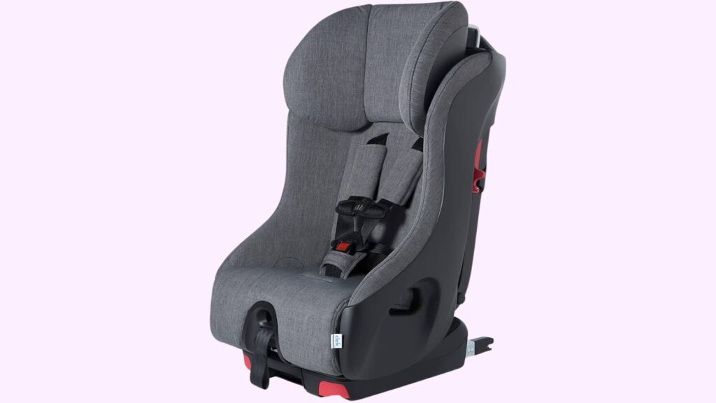 Clek Foonf convertible car seat in gray with a padded headrest, five-point harness system, and sturdy base, shown against a plain background