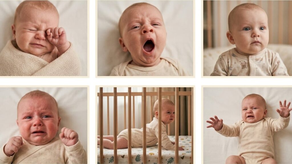 Collage of babies showing signs of being overtired, including eye rubbing, yawning, fussiness, crying, and restlessness in a crib