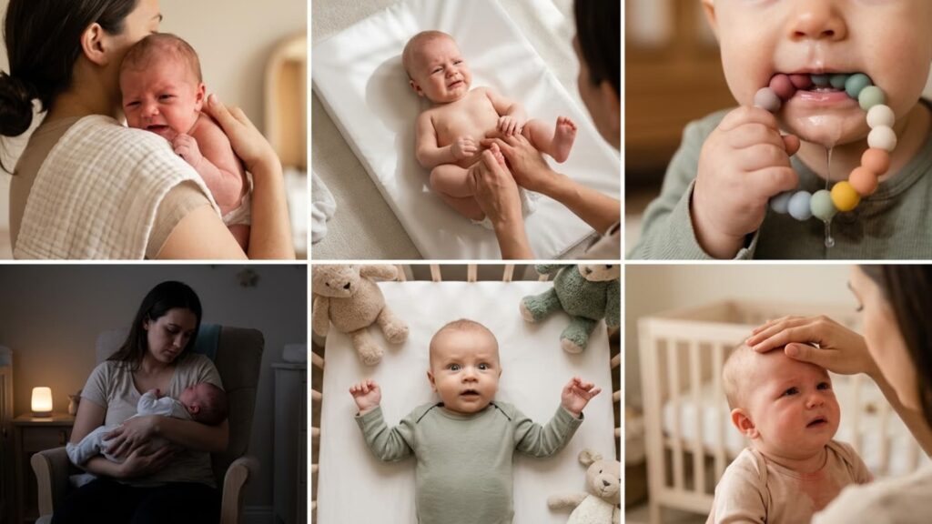 Collage of common reasons for a fussy baby, including being held and soothed, diaper changing, teething, night waking, startled reactions, and a caregiver checking for discomfort