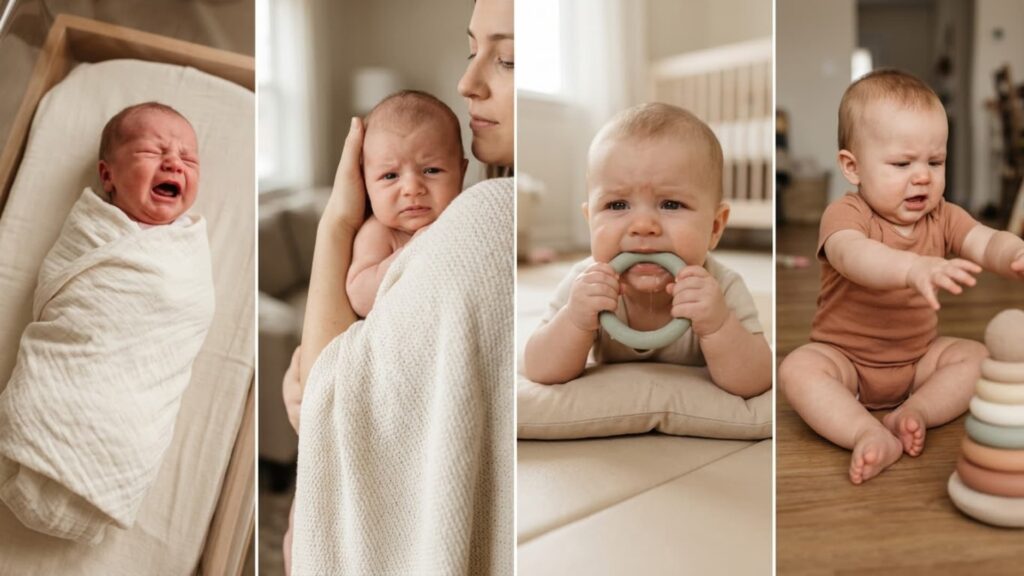 Collage showing babies at different stages being fussy, including a crying newborn, a baby being comforted, a teething baby chewing a toy, and an older baby reaching out in frustration