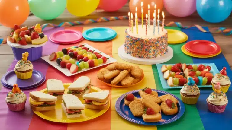 Colorful kids birthday party spread with a sprinkle-covered cake and candles, cupcakes, sandwiches, fruit platters, cookies, and bright balloons arranged on a rainbow table setting.