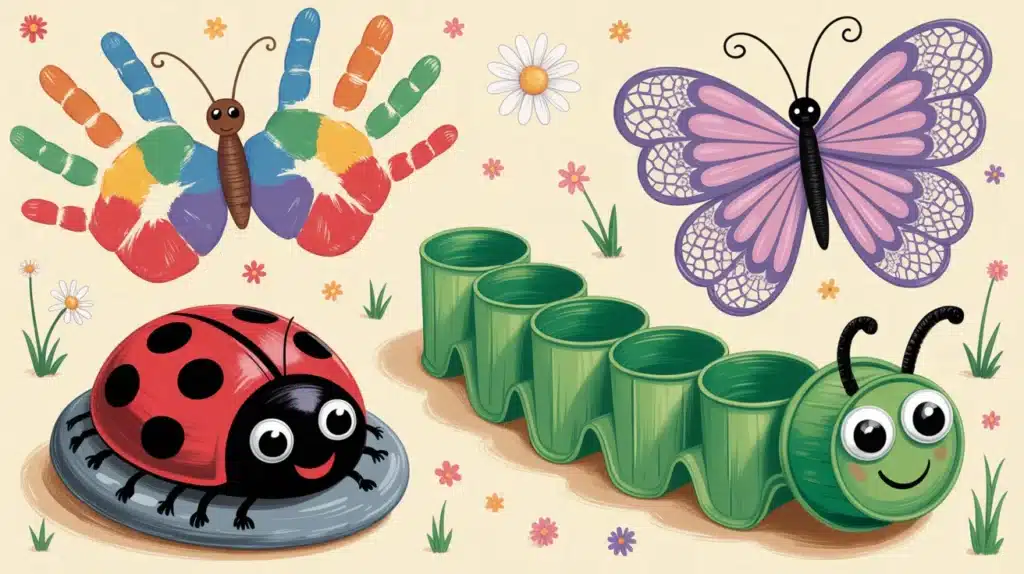 Colorful kids’ crafts featuring handprint butterflies, a painted ladybug, a purple butterfly, and a green caterpillar made from cups, surrounded by small flowers.