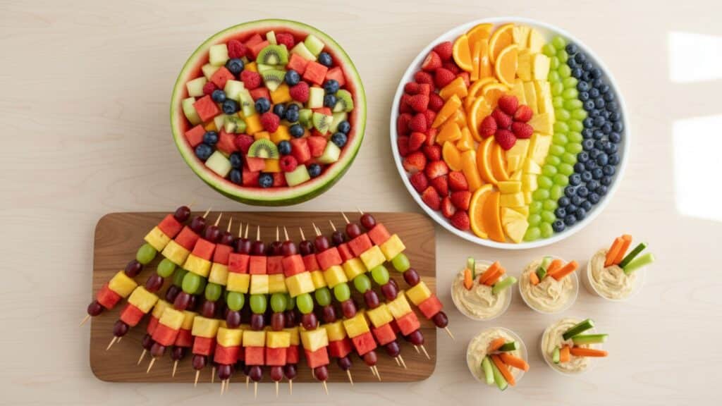 Colorful kids’ party fruit and veggie spread featuring a watermelon fruit bowl, rainbow fruit platter, fruit skewers, and small cups of hummus with carrot and cucumber sticks