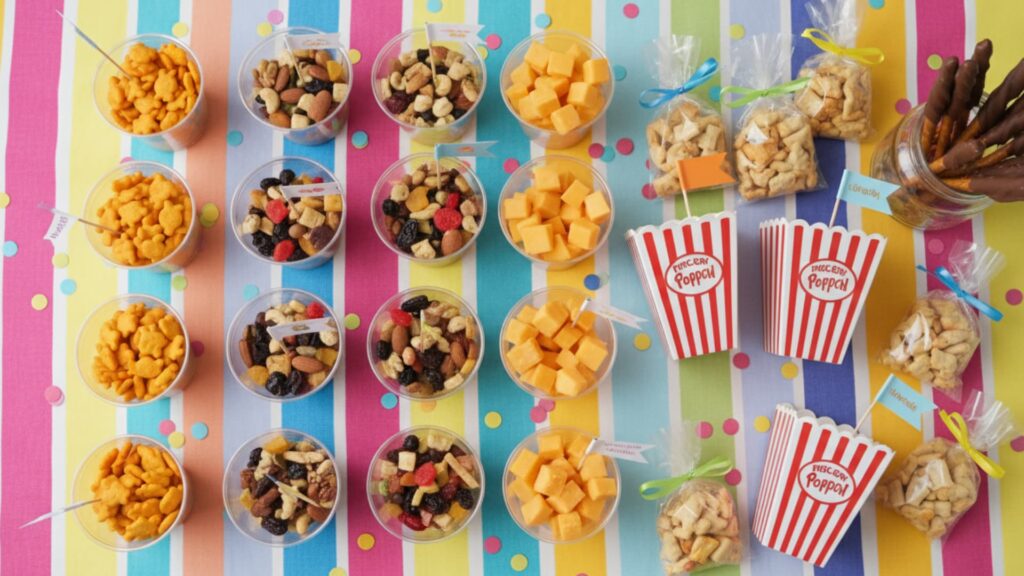 Colorful kids' party snack table with cups of cheese cubes, trail mix, goldfish crackers, bagged snacks, pretzel sticks, and mini popcorn boxes arranged on a striped background
