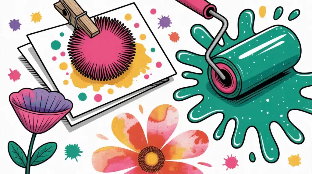 Colorful sensory art scene featuring sponge-stamped prints, paint splatters, a roller spreading teal paint, and a bright painted flower design