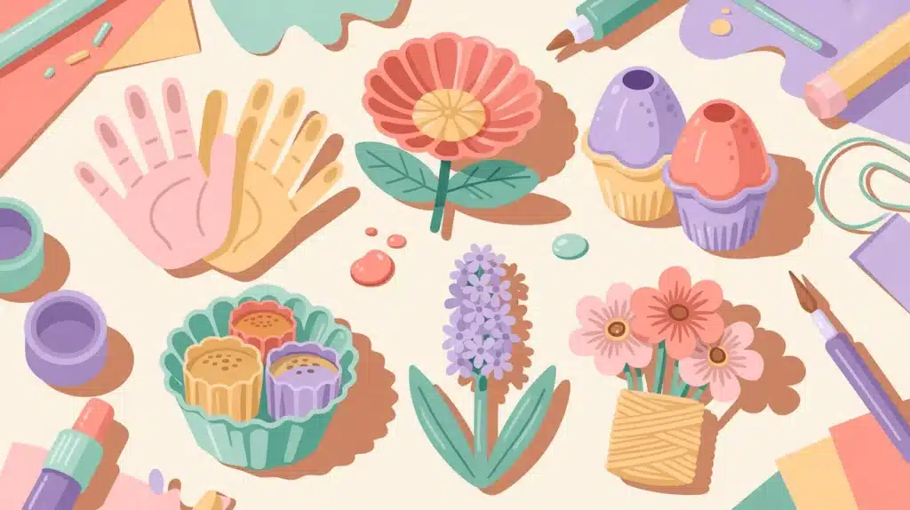 Colorful spring craft supplies including painted handprints, paper flowers, paint bottles, brushes, cupcake liners, and small decorative floral arrangements spread across a pastel background.