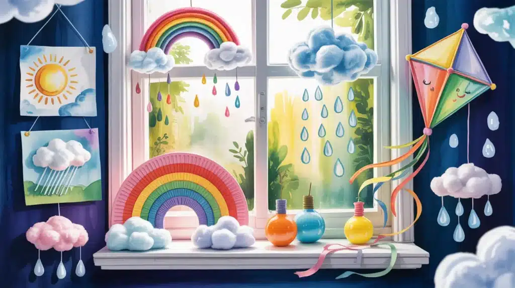 Colorful weather-themed crafts displayed by a window, including rainbows, clouds with raindrops, sun drawings, and a bright kite with ribbons.