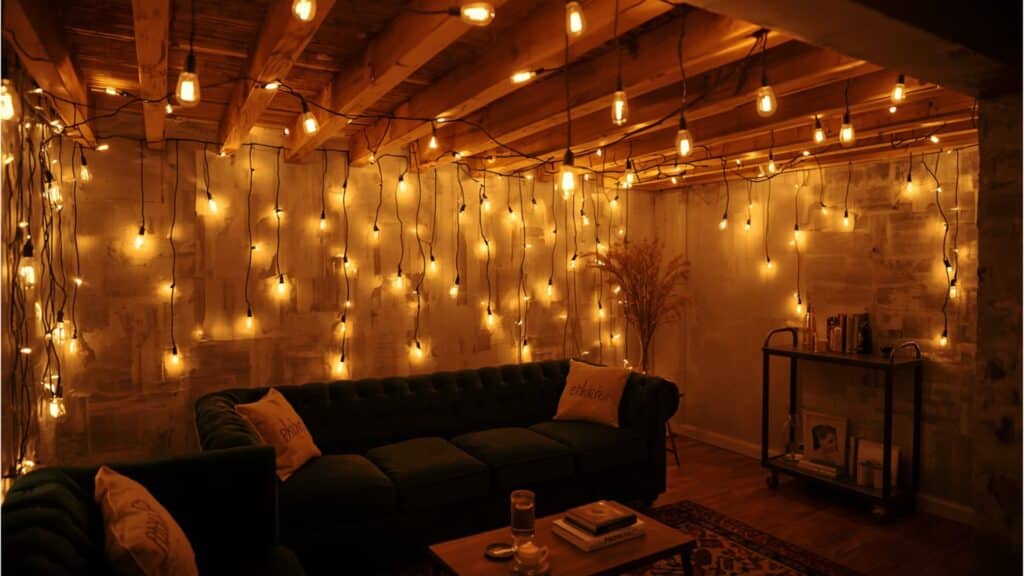 Cozy basement lounge with exposed wooden ceiling beams decorated with hanging string lights, creating a warm ambient glow above a dark sofa and small seating area