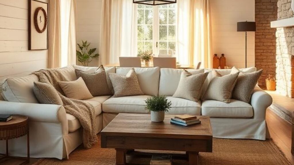 Cozy farmhouse living room with sectional sofa, layered pillows, wooden coffee table, and warm lighting near a fireplace