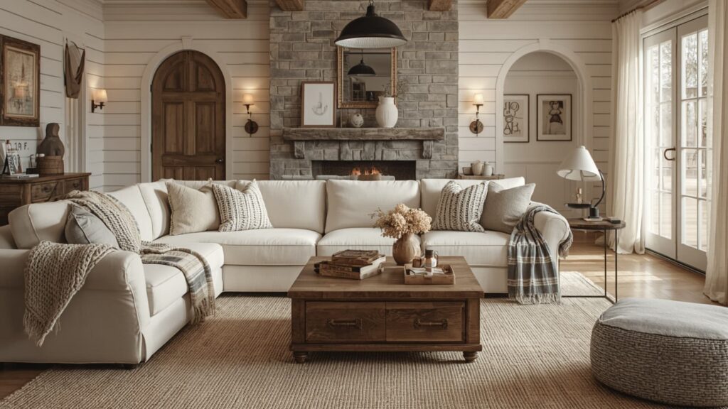 Cozy farmhouse living room with white sectional sofa, stone fireplace, wood accents, and soft neutral decor