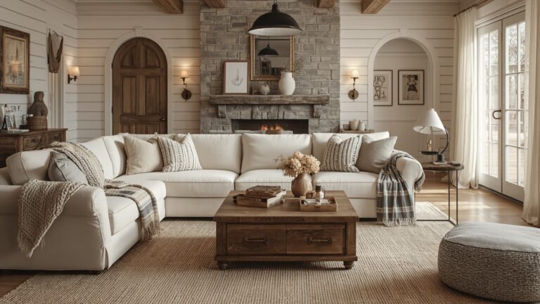 Cozy farmhouse living room with white sectional sofa, stone fireplace, wood accents, and soft neutral decor