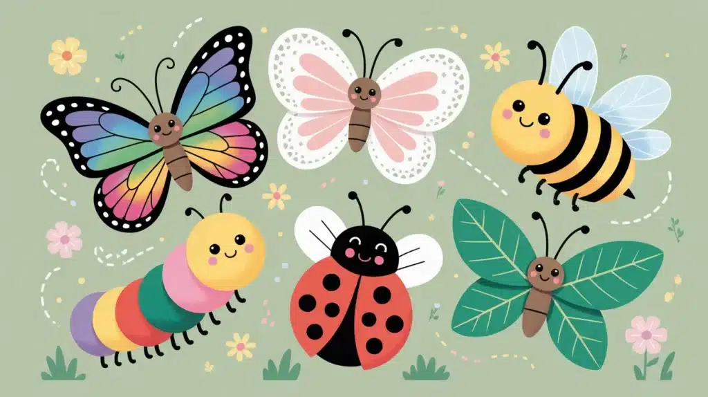 Cute cartoon insects, including colorful butterflies, a bee, a caterpillar, a ladybug, and a leaf-wing bug, arranged with small flowers on a soft green background.