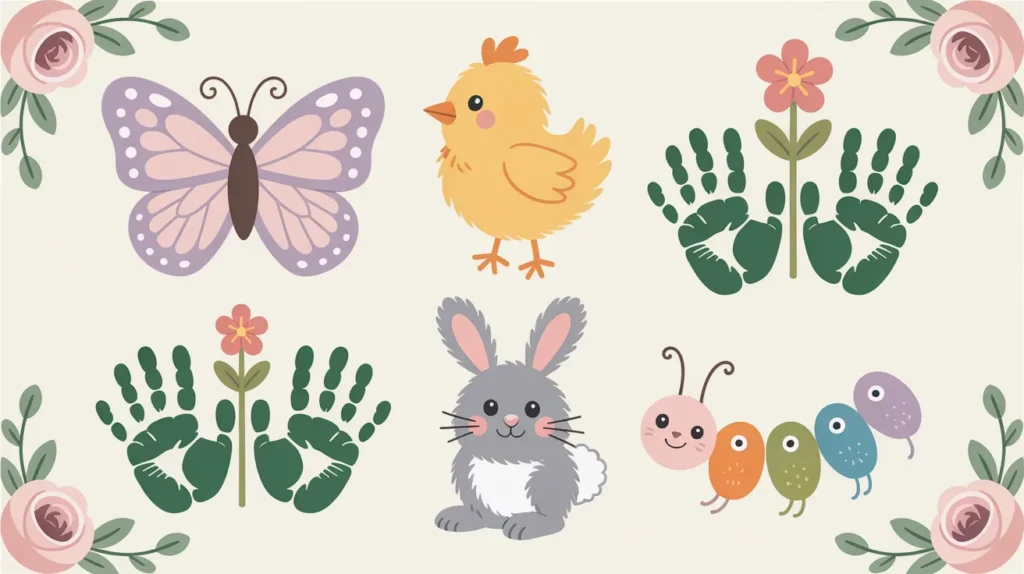 Cute spring-themed baby crafts, including a butterfly, chick, bunny, caterpillar, and handprint flowers, arranged with soft floral accents