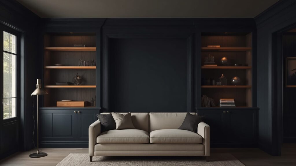 Dark farmhouse living room with navy built-in shelves, warm lighting, and a neutral sofa creating a cozy, moody atmosphere