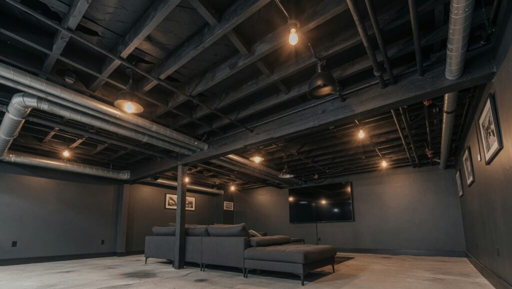 Dark painted basement with exposed beams and pipes, warm hanging lights, a gray sectional sofa, and a wall-mounted TV creating a modern industrial-style living space