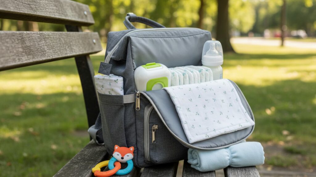 Diaper bag packed with baby essentials, including wipes, diapers, a bottle, and a blanket, placed on a park bench for on-the-go use