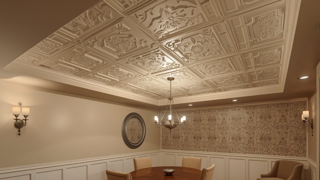 Elegant dining room featuring a decorative faux tin tile ceiling, chandelier lighting, patterned wallpaper, and a wooden table with upholstered chairs