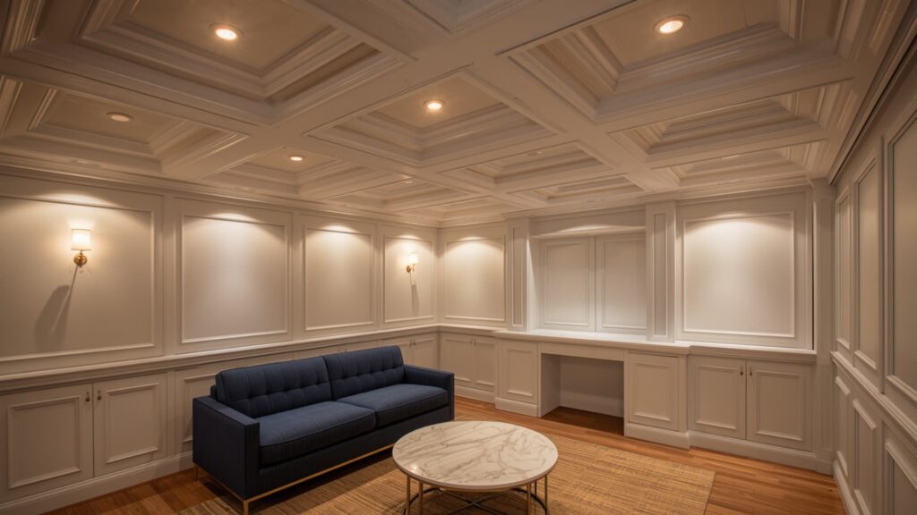 Elegant living room featuring a DIY coffered ceiling with recessed lighting, paneled walls, built-in cabinetry, a dark blue sofa, and a round marble coffee table