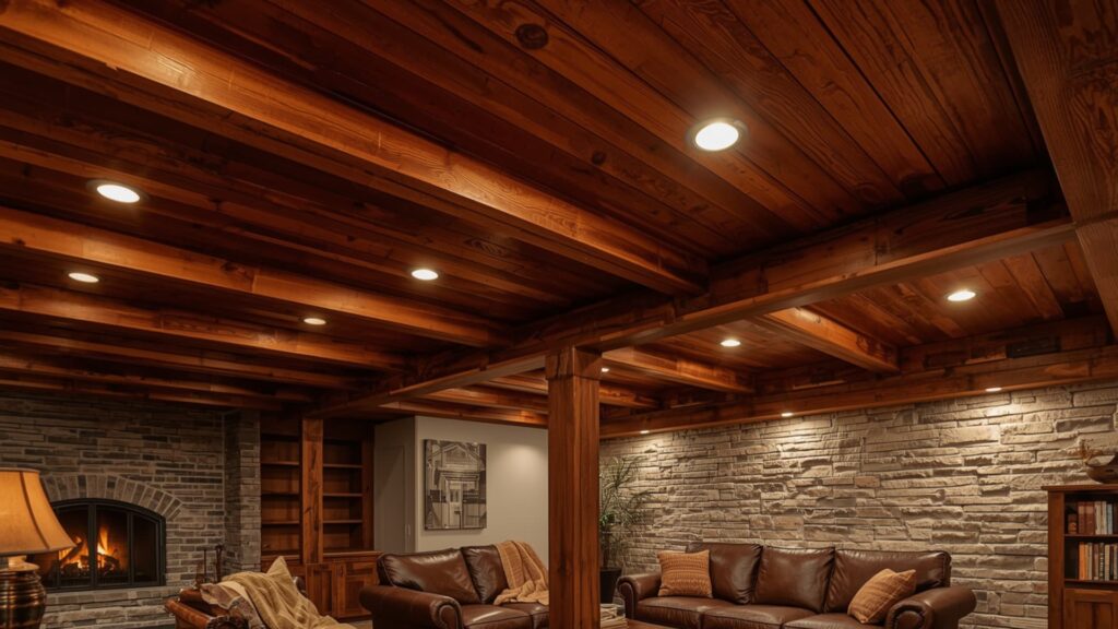 Exposed wood beam basement ceiling with recessed lighting, stone accent wall, fireplace, and leather seating area