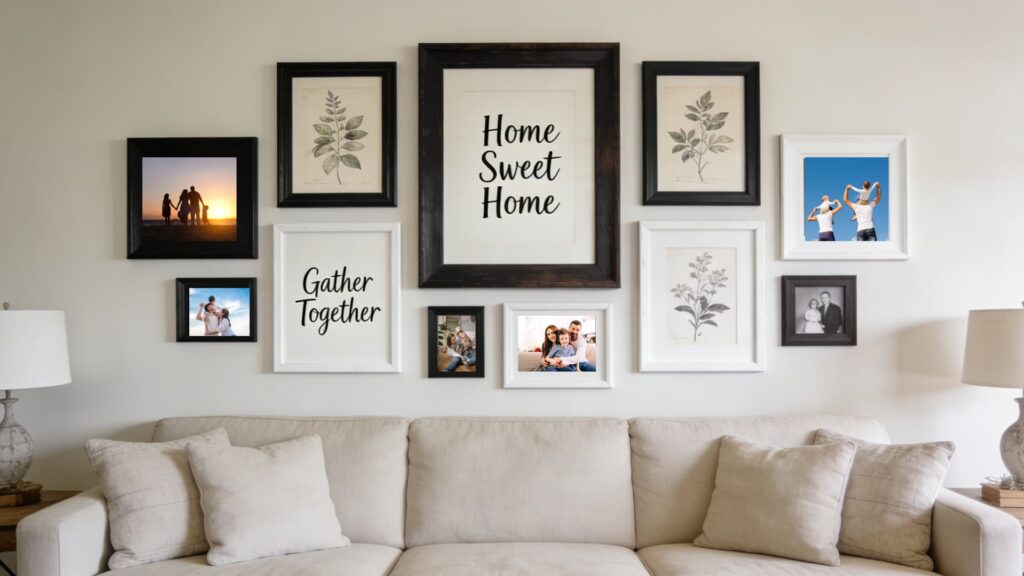 Farmhouse gallery wall with framed botanical prints above a neutral sofa, adding simple and elegant living room decor