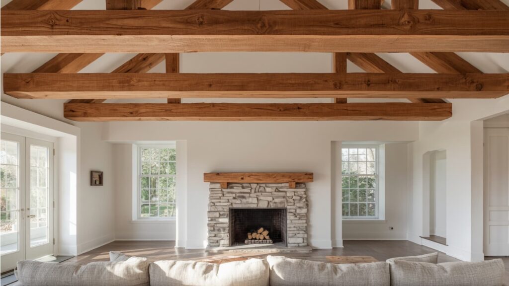 Farmhouse living room with exposed wooden ceiling beams, stone fireplace, and large windows creating a bright and airy space