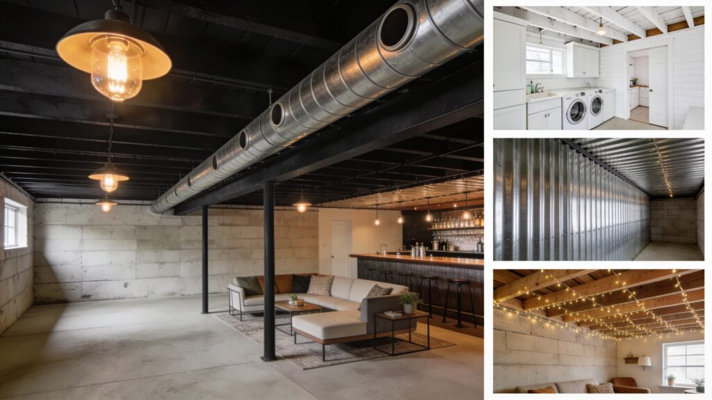 Finished basement with exposed black ceiling, ductwork, warm lighting, and seating area with bar, plus inset examples of alternative ceiling styles.