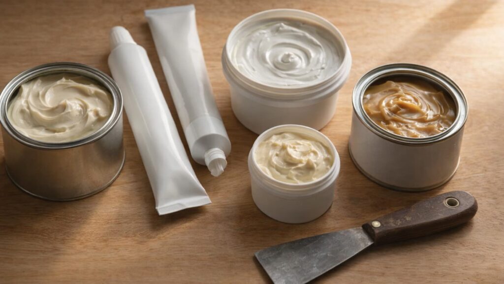 Five glazing putty products are arranged on a wooden workbench, including tins, tubs, and tubes of compound, with a metal putty knife placed beside them.