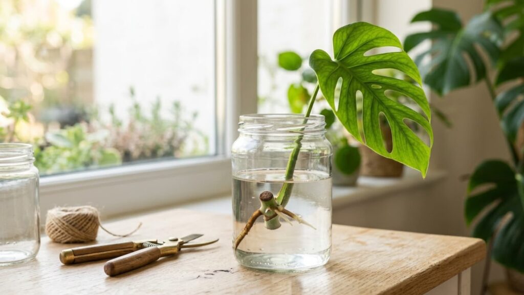 Flat lay of Monstera plant care essentials, including a potted Monstera, watering can, spray bottle, soil mix in a bag, perlite, and trimmed leaves arranged neatly