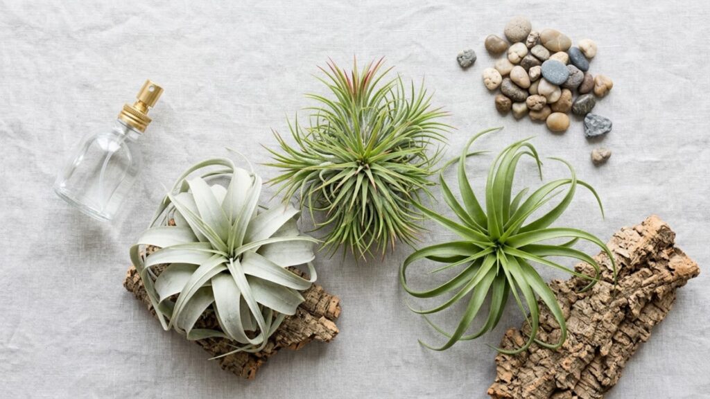Flat lay of air plant care items featuring three air plants on bark, a spray bottle, and decorative pebbles on a neutral surface.
