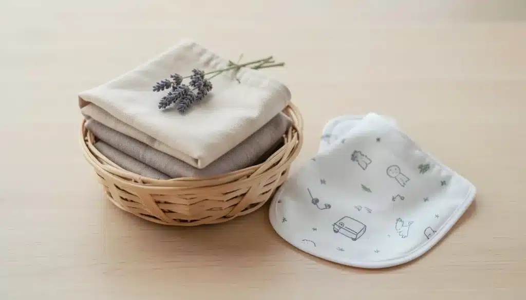 Folded baby burp cloths stacked in a wicker basket with a small lavender sprig on top, placed beside a soft, patterned baby bib on a light wooden surface