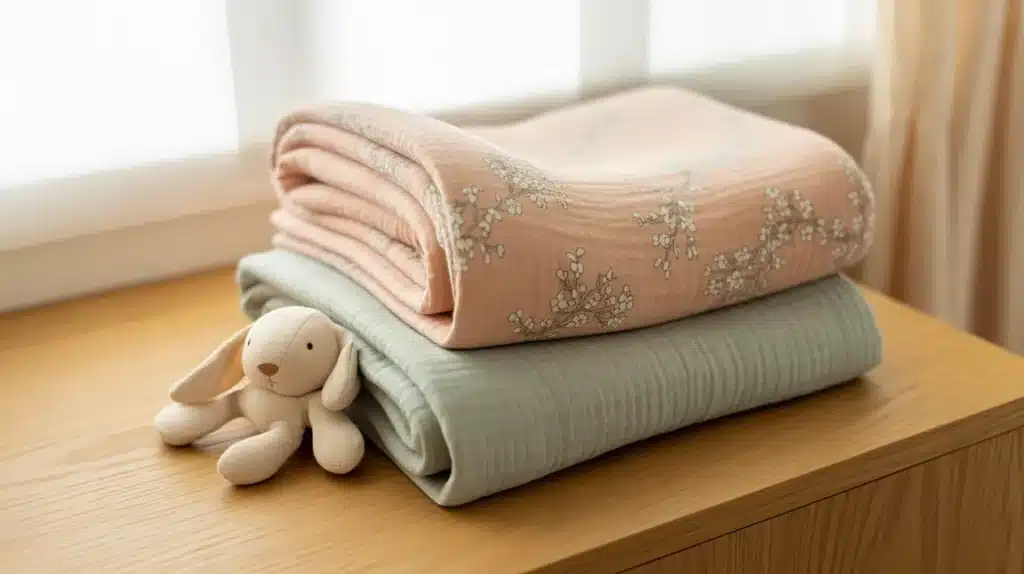 Folded baby swaddle blankets in soft pastel tones stacked on a wooden surface, with a small plush bunny toy placed beside them in gentle natural light