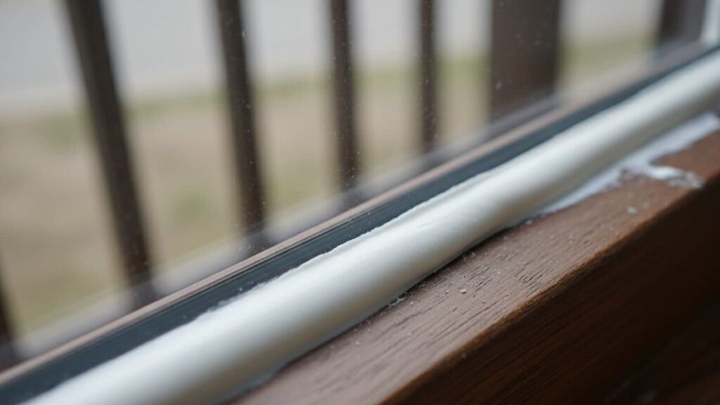 Fresh window glazing putty neatly applied along the bottom edge of a glass pane in a wooden window frame to seal the glass.