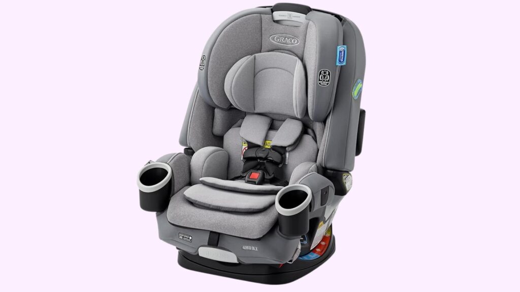 Graco 4Ever DLX convertible car seat in gray with padded headrest, five-point harness system, dual cup holders, and adjustable base, shown against a plain background