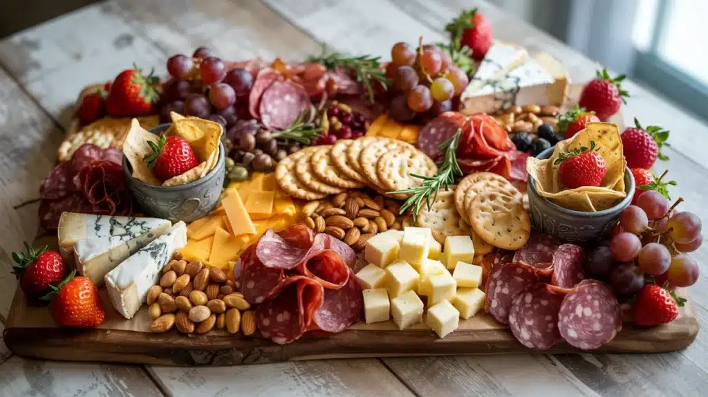 Grazing board with assorted baby shower snacks including cheeses, crackers, cured meats, nuts, grapes, and strawberries arranged on a wooden platter
