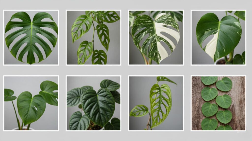 Grid of different Monstera plant types showing various leaf shapes, including split leaves, variegated patterns, fenestrations, and round trailing foliage.
