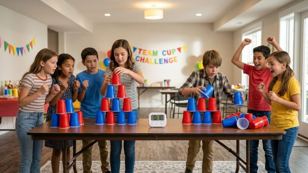 Group of kids competing in a team challenge, stacking red and blue plastic cups into pyramids on a table while others cheer, and a timer counts down